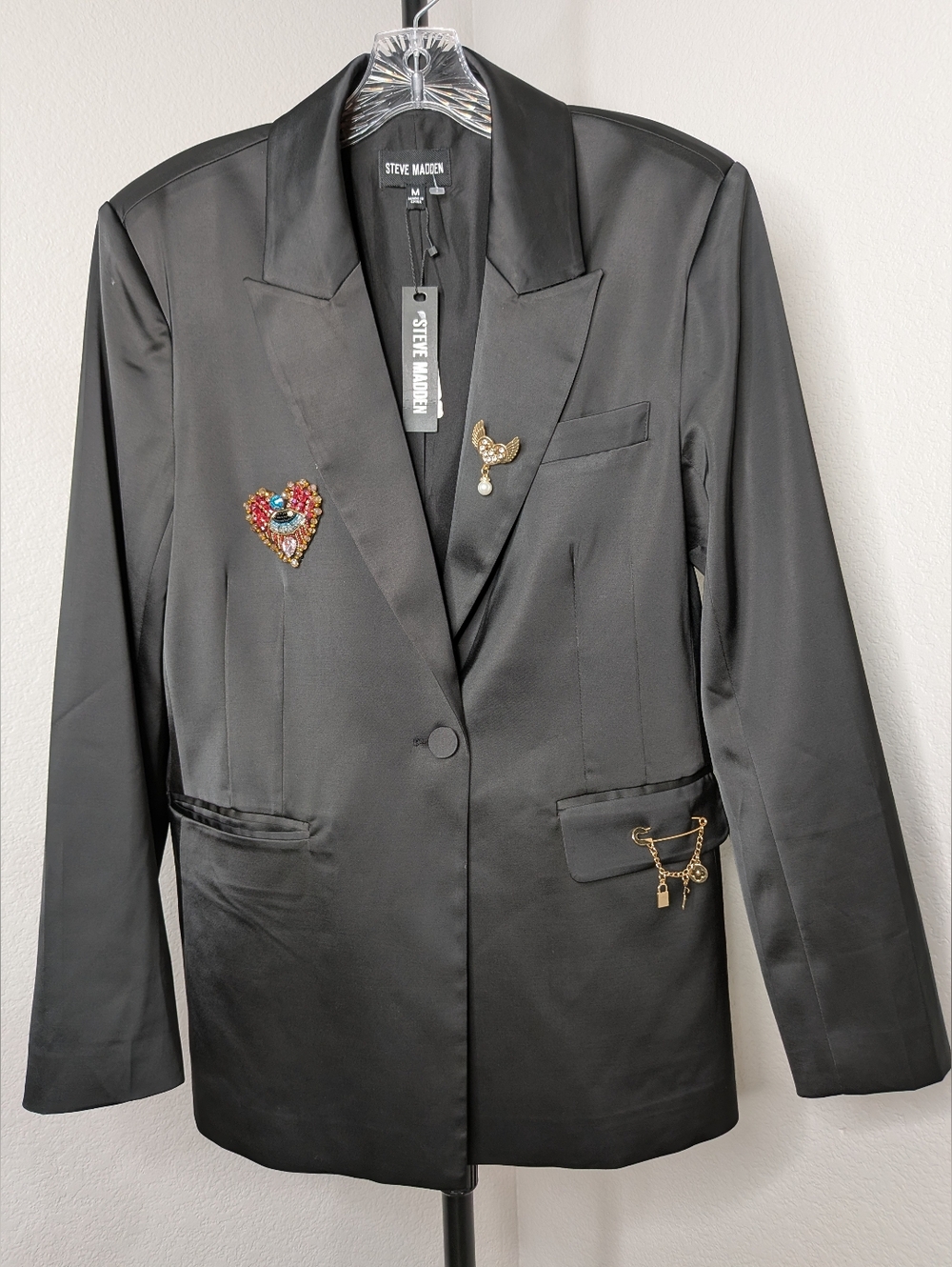 Steve Madden Black Satin Embellished Blazer Jacket